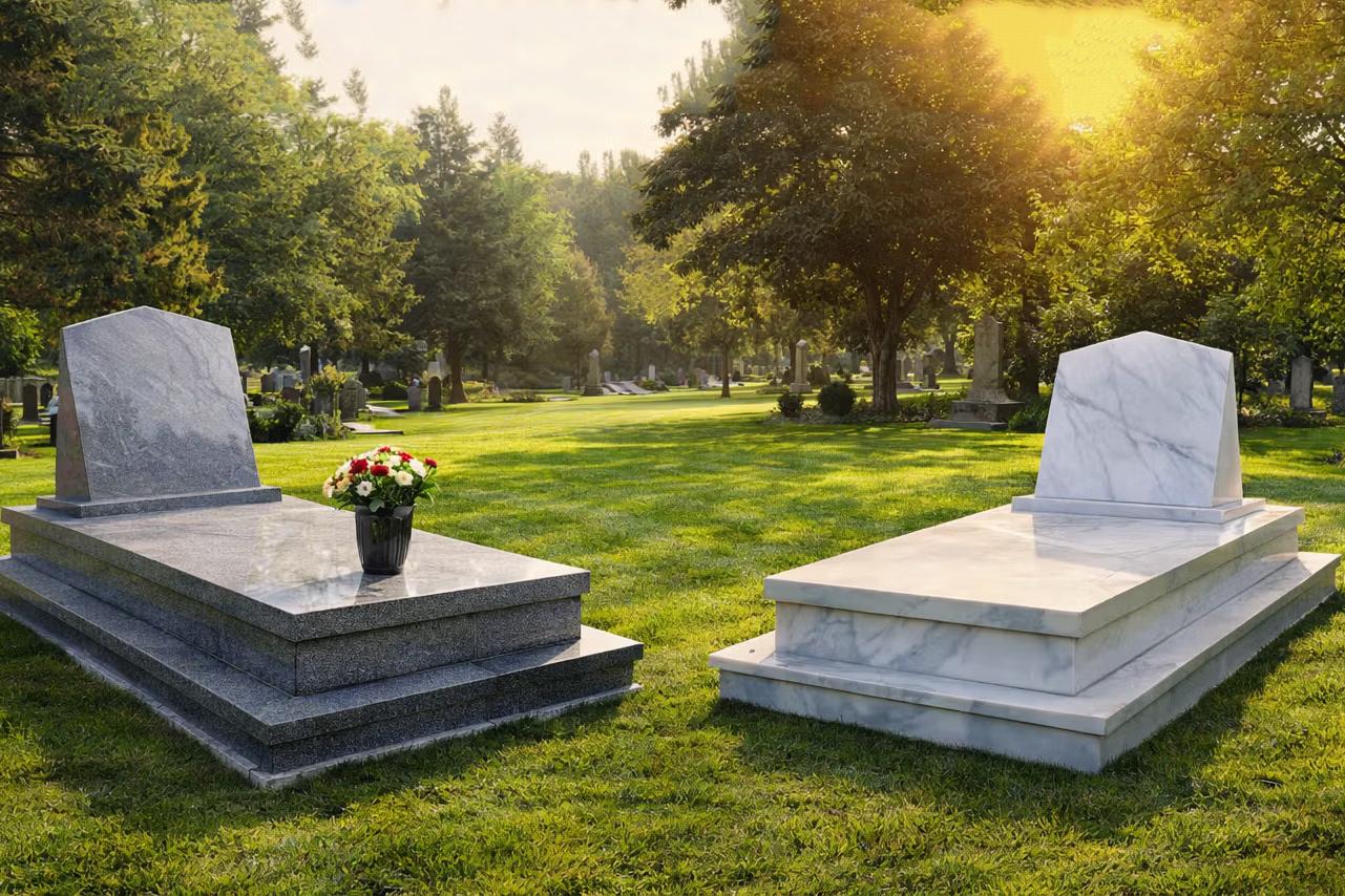 Granite tombstone installed in a cemetery with trees in the background, ideal for wet areas or areas with a lot of sun exposure.
