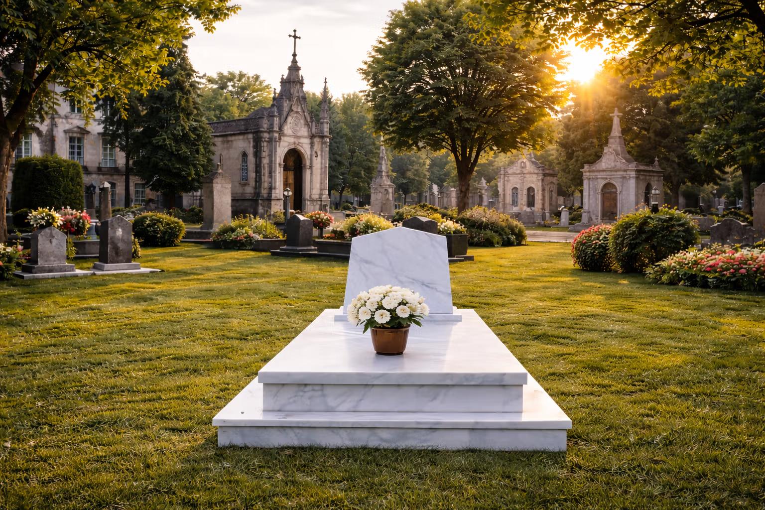 Marble and granite tombstones in a Lisbon cemetery at dusk, with trees and gravestones in the background.