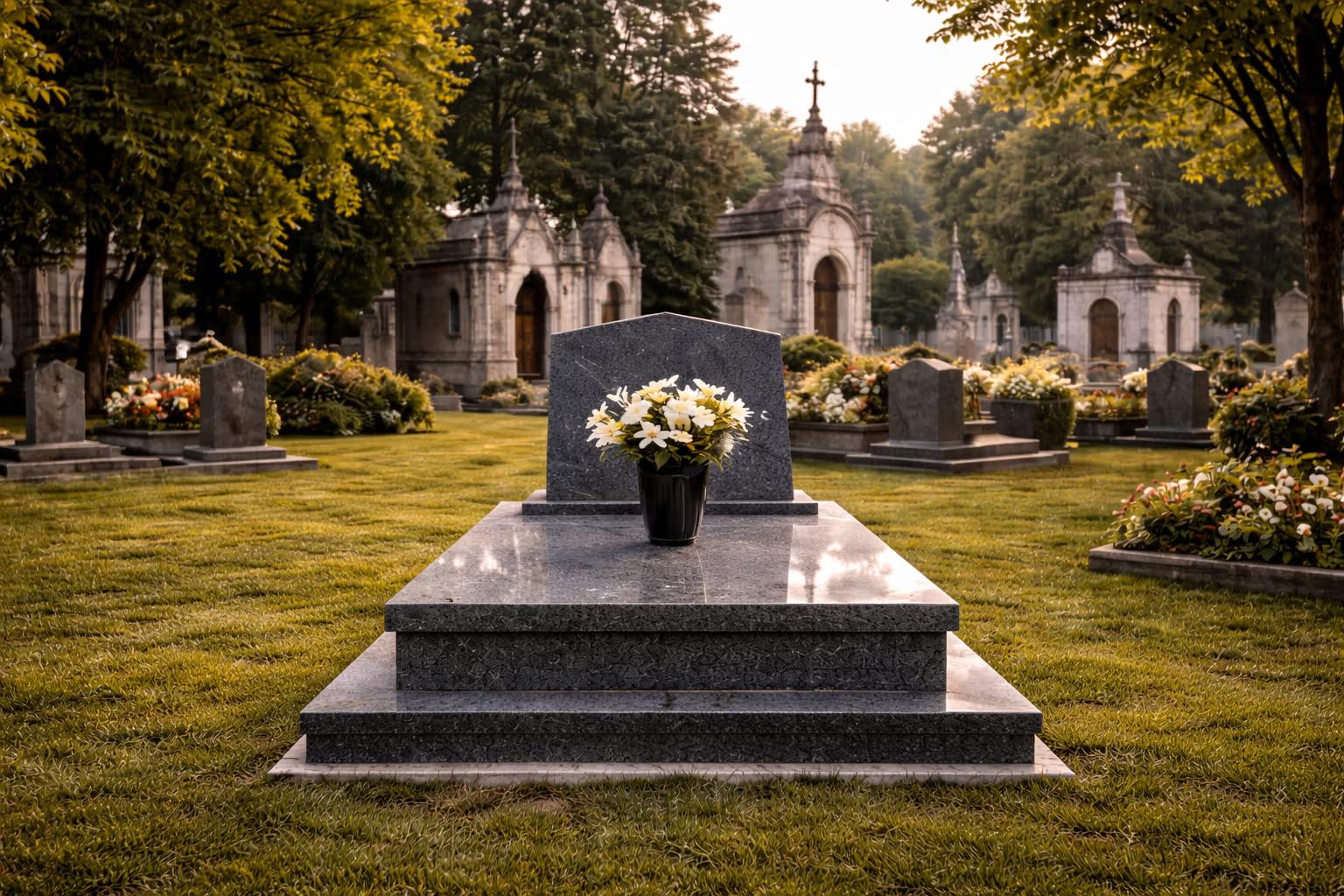 A dark granite tombstone in a Porto cemetery, with a wooded background and soft lighting at dusk.