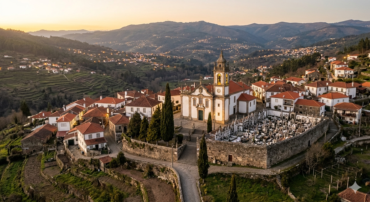 Uma aldeia portuguesa tradicional com a sua igreja e cemitério adjacente, numa paisagem montanhosa ao pôr do sol.